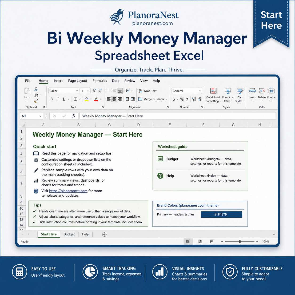 bi weekly money manager spreadsheet excel — Start Here sheet
