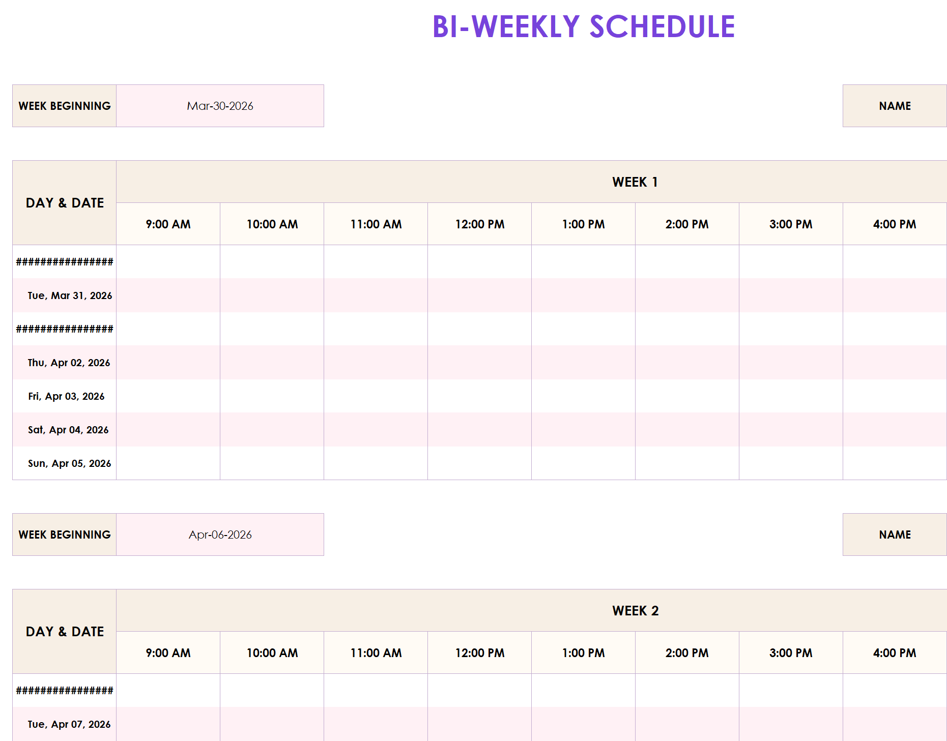 excel bi-weekly schedule template template screenshot — PlanoraNest Excel template