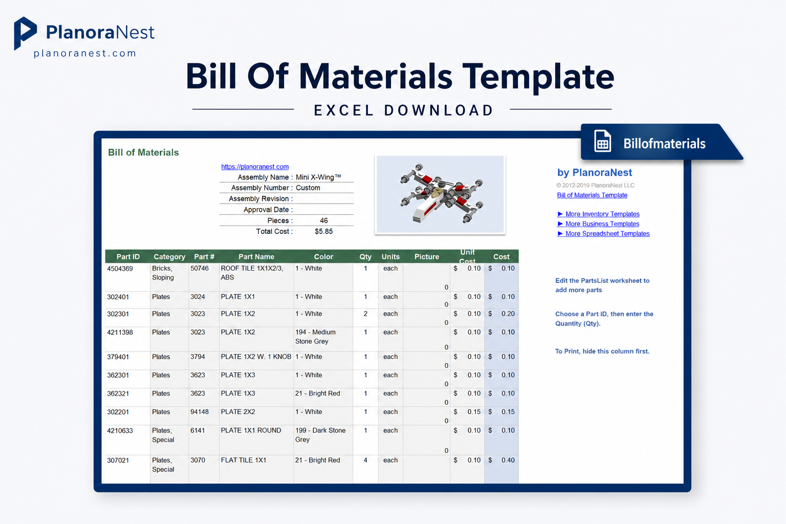 spreadsheet bill of materials template excel screenshot — PlanoraNest Excel template