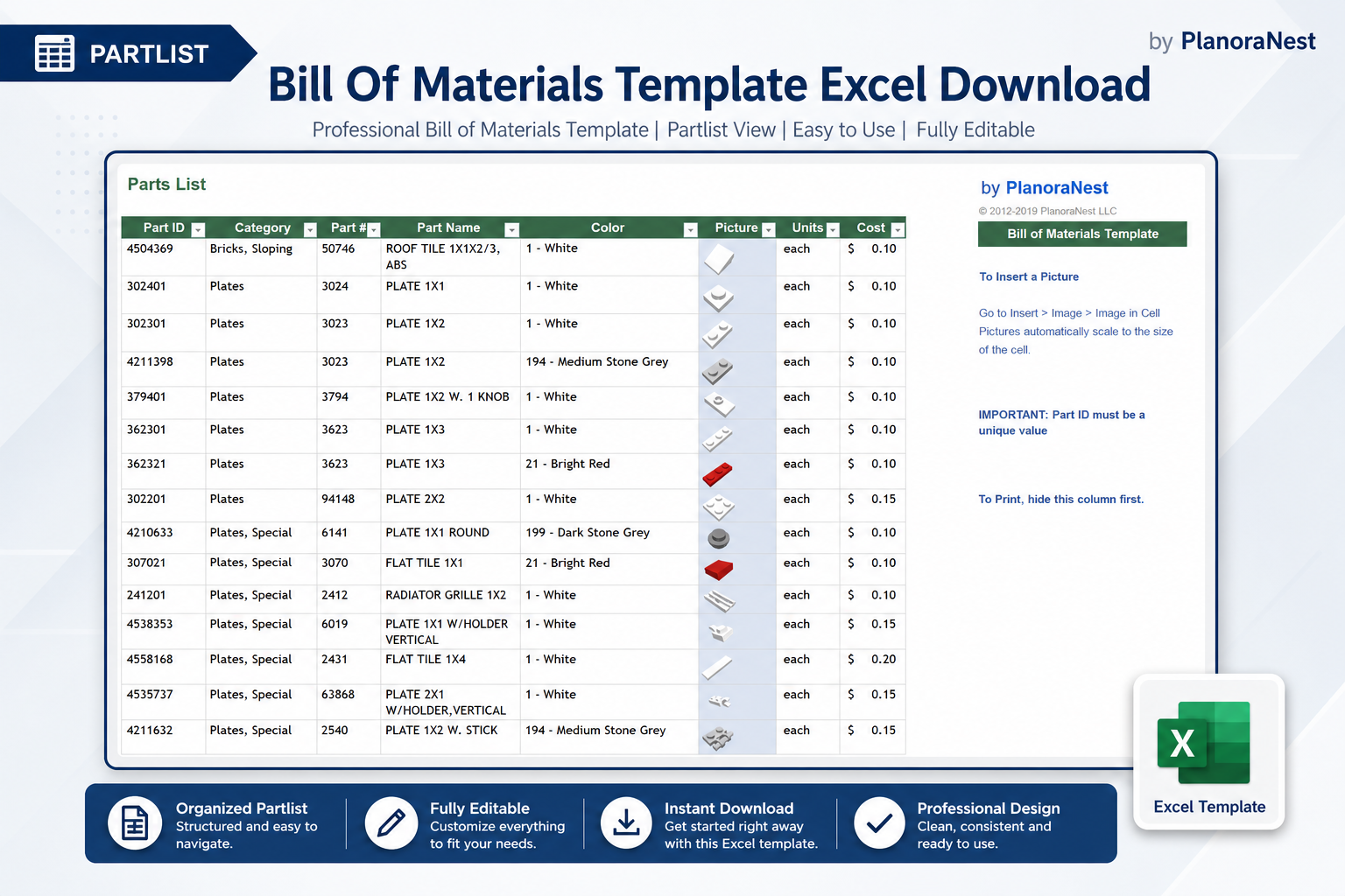 bill of materials bom excel template screenshot — PlanoraNest Excel template