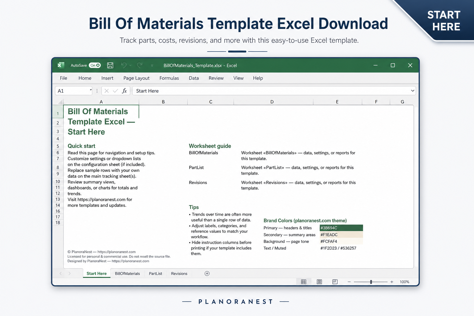 indented bill of materials excel template start here screenshot — PlanoraNest Excel template