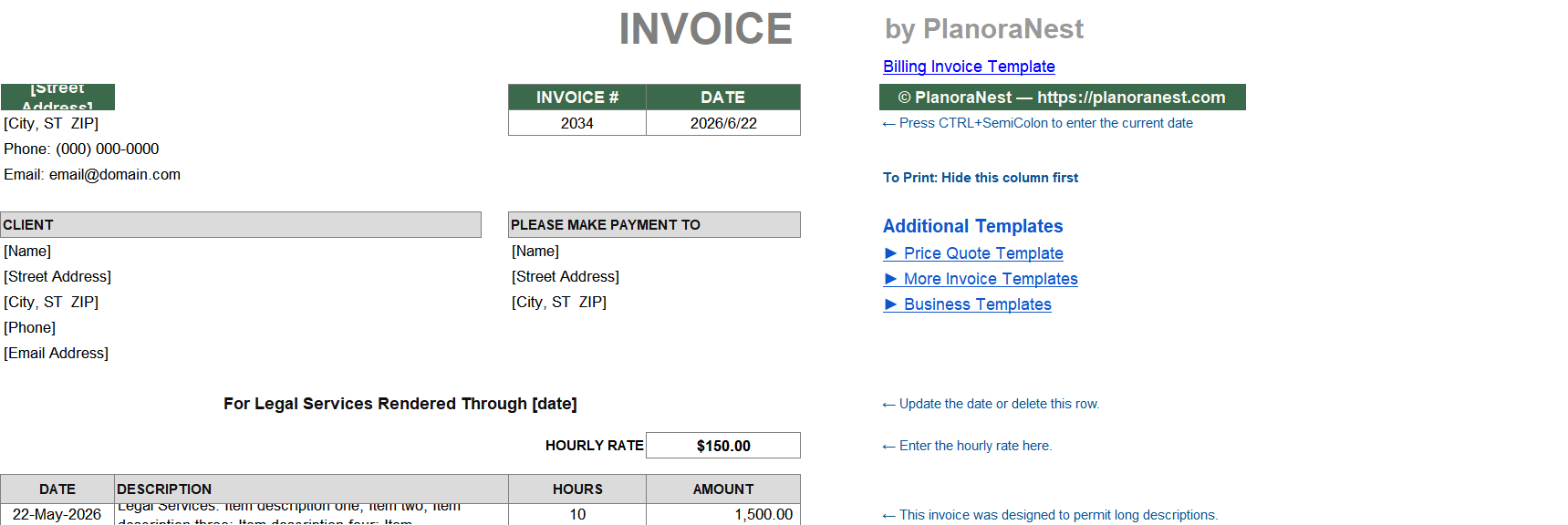 excel billing invoice legal services template screenshot — PlanoraNest Excel template