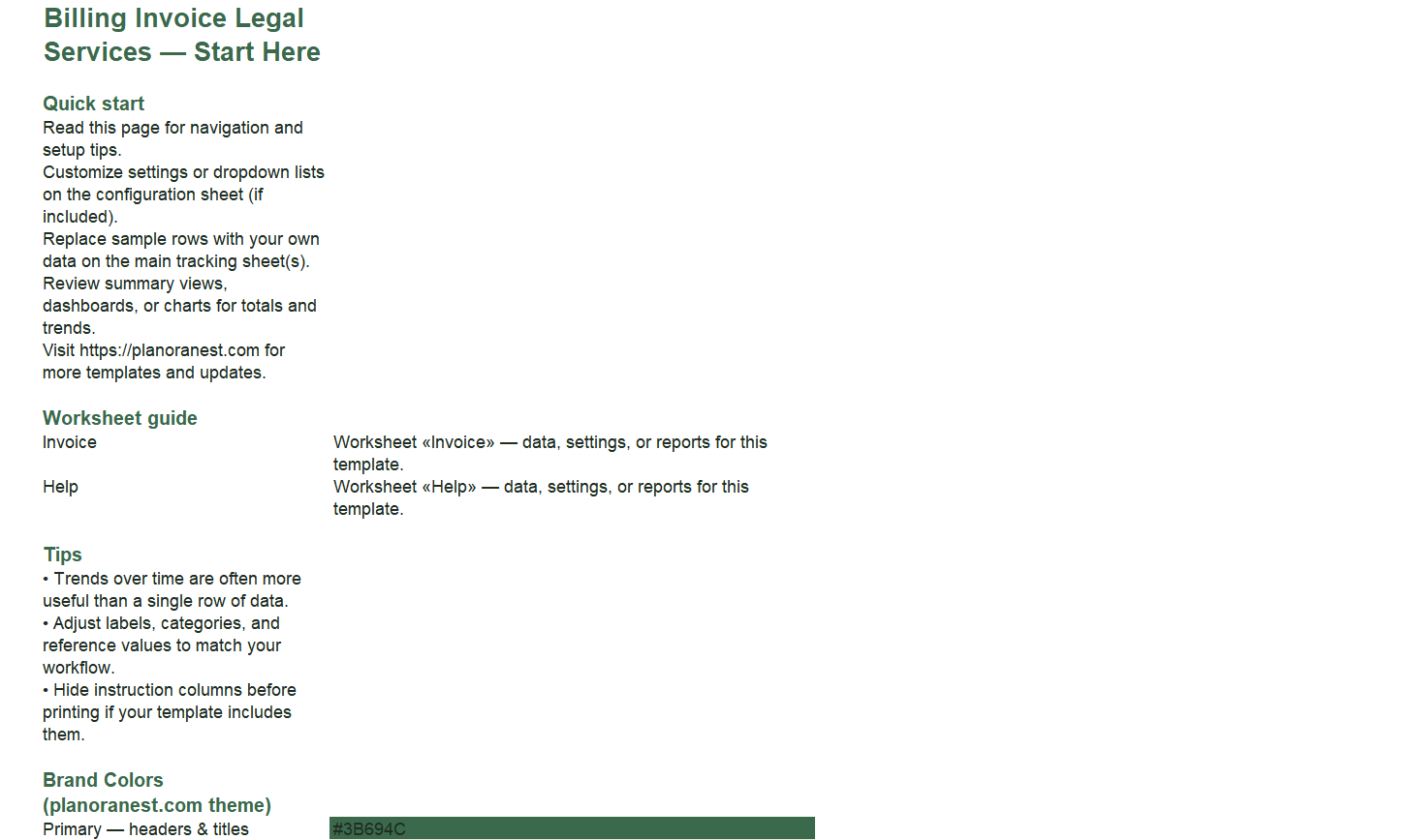billing invoice legal services excel template — Start Here sheet