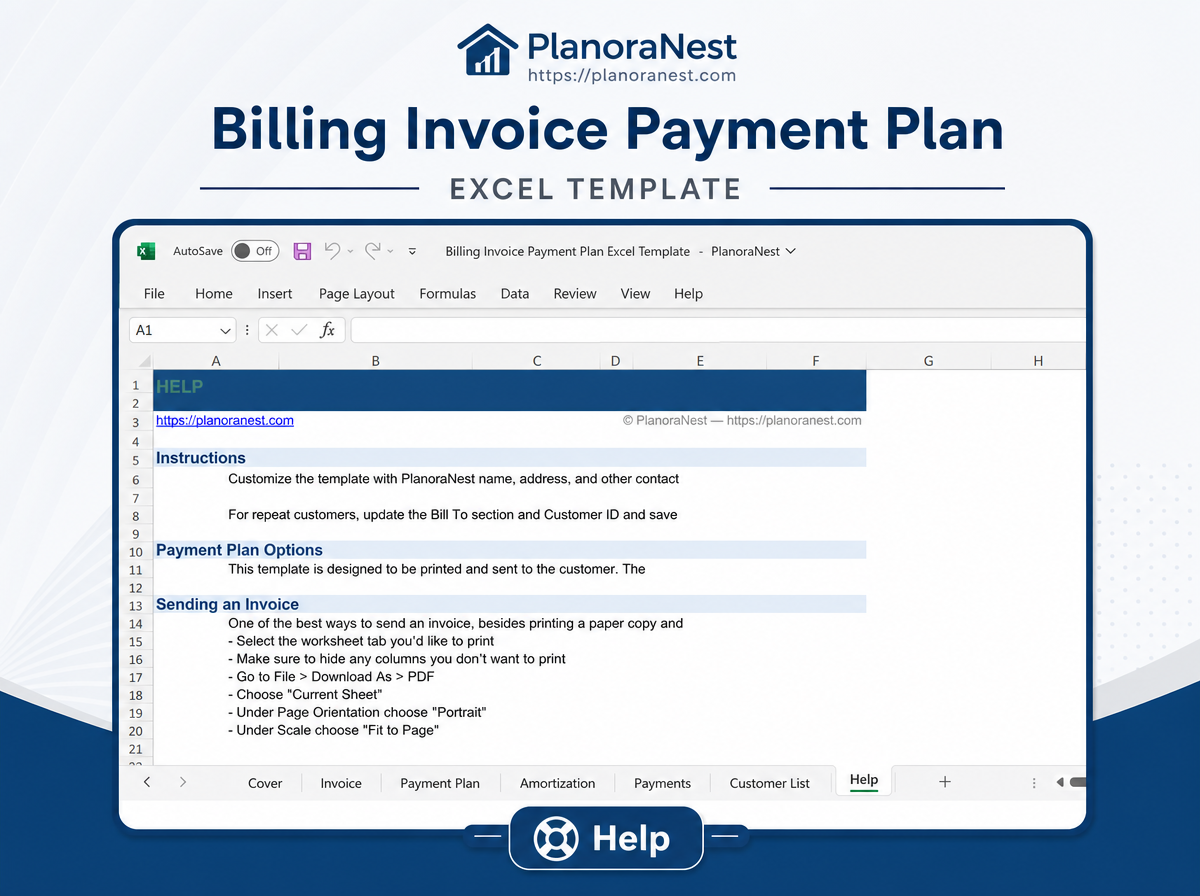 billing invoice payment plan excel template — Help sheet