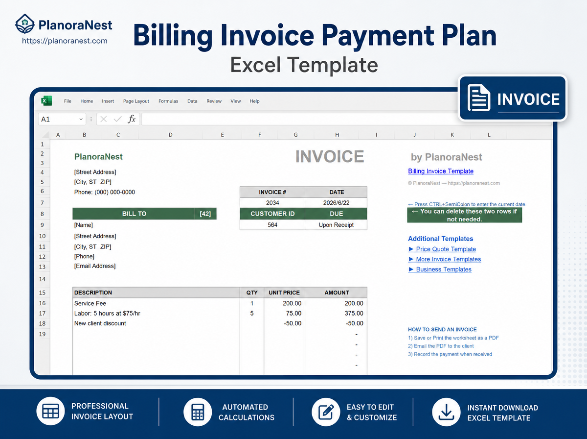 excel billing invoice payment plan template screenshot — PlanoraNest Excel template