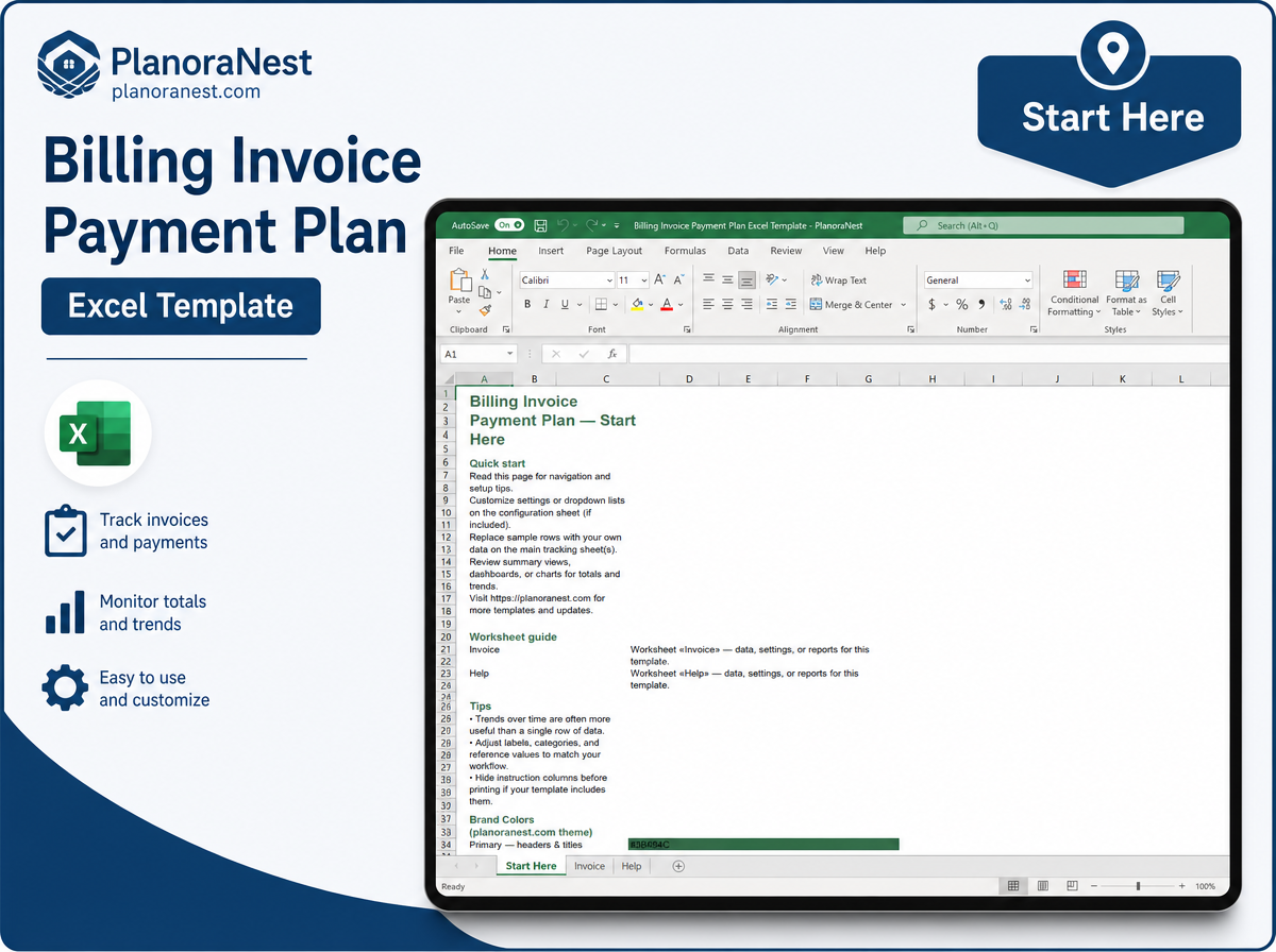 billing invoice payment plan excel template — Start Here sheet