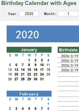 excel birthday calendar with ages template screenshot — PlanoraNest Excel template
