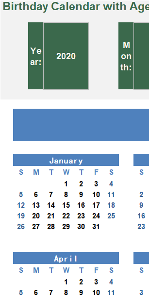 excel birthday calendar with ages template screenshot — PlanoraNest Excel template