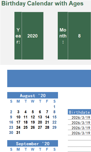 birthday calendar with ages excel screenshot — PlanoraNest Excel template