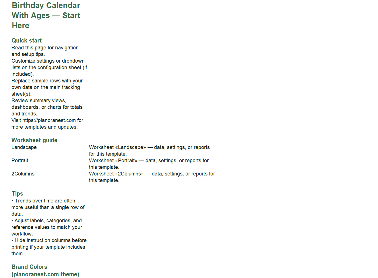 excel birthday calendar with ages template start here screenshot — PlanoraNest Excel template