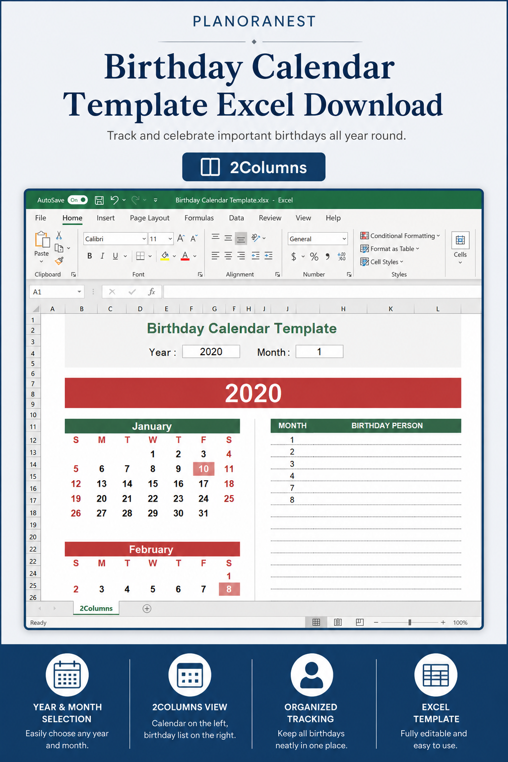 birthday calendar template excel download — 2Columns sheet