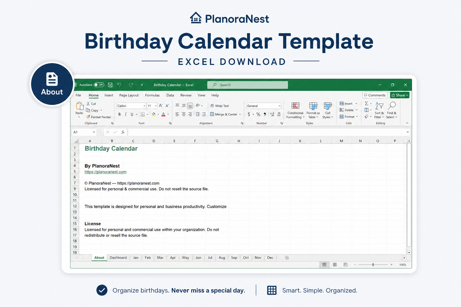 birthday calendar template excel download — About sheet