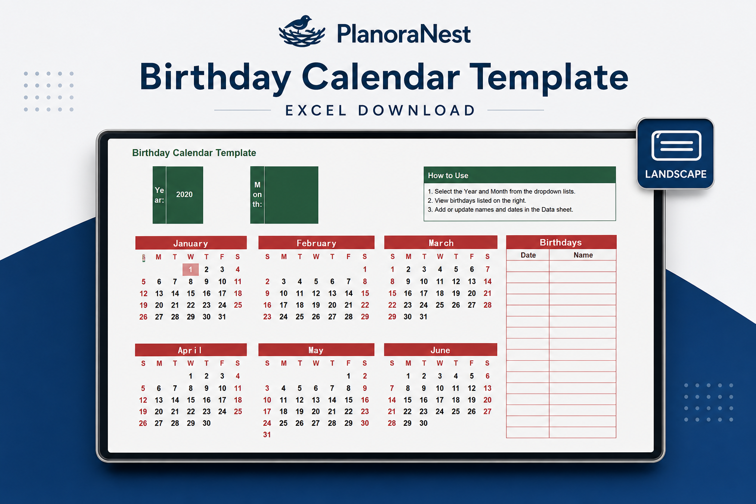 birthday calendar template excel download — Landscape sheet