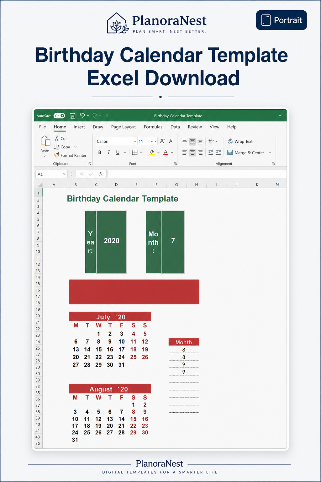 birthday calendar template excel download — Portrait sheet