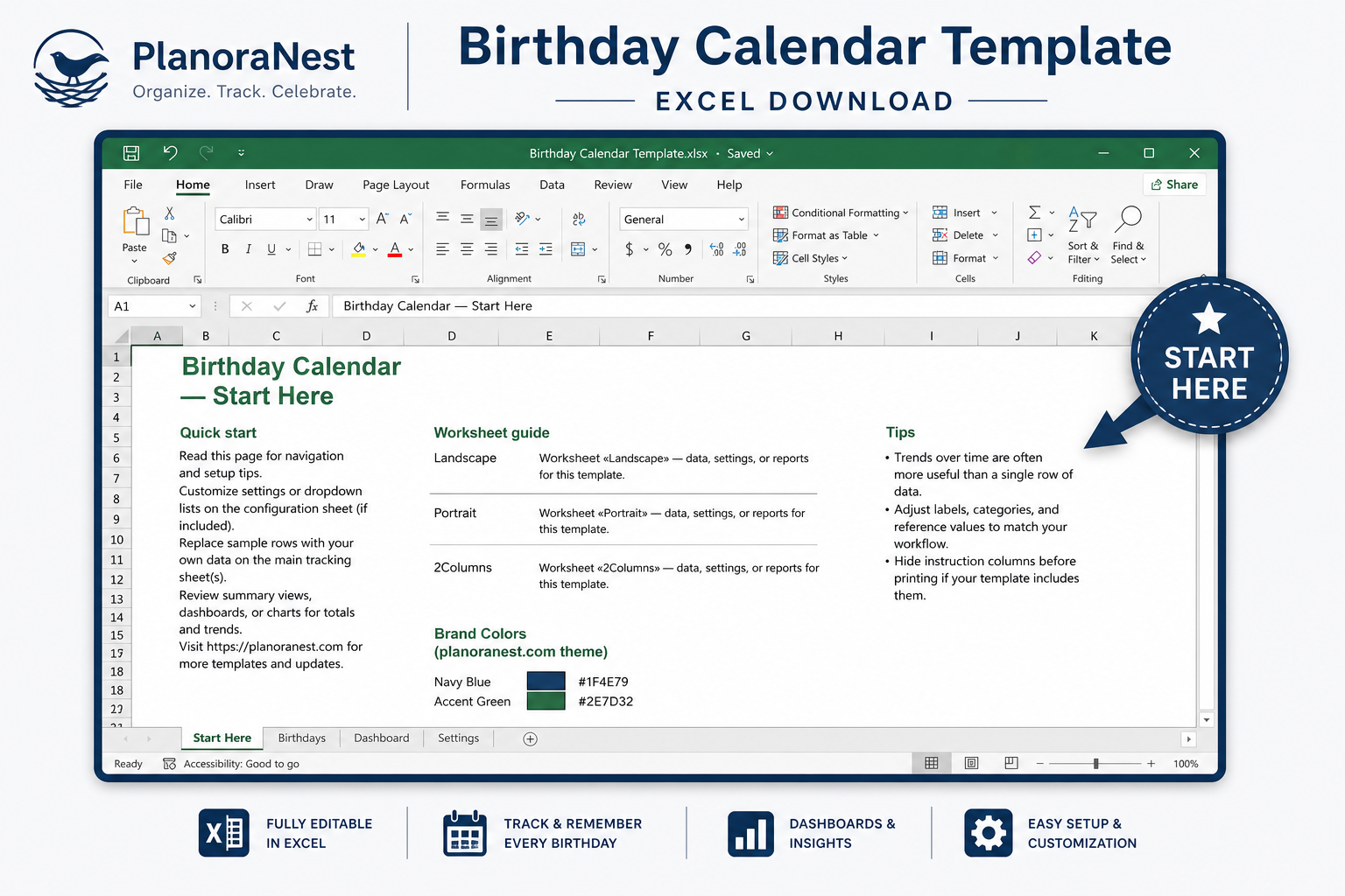 birthday calendar template excel download — Start Here sheet