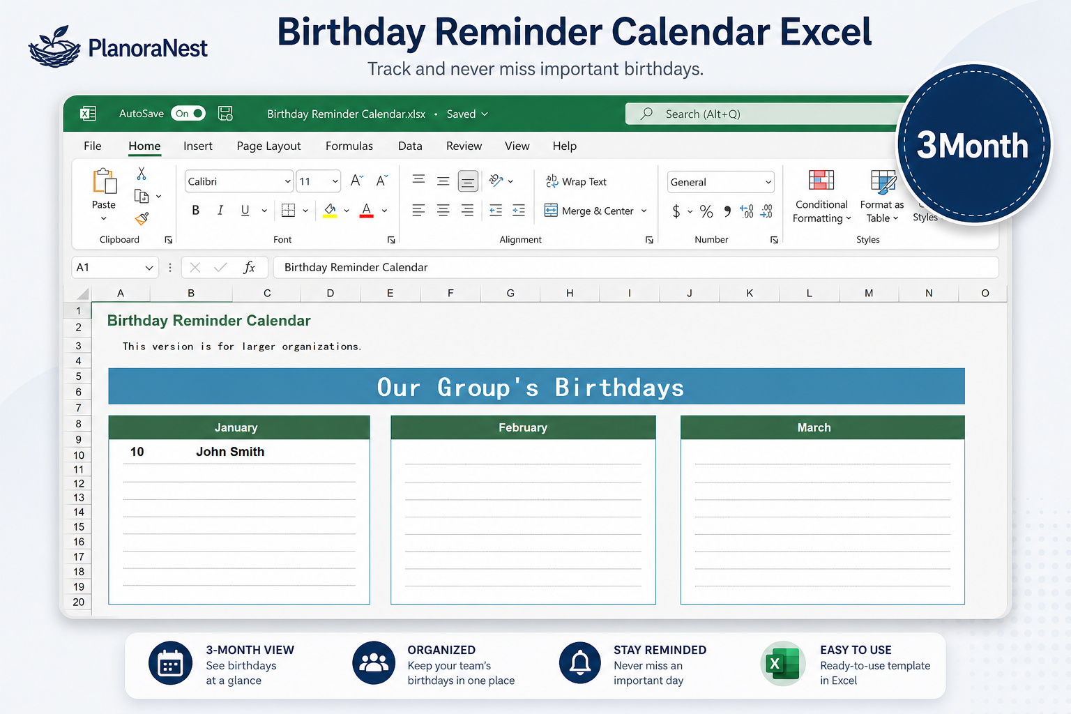 birthday reminder calendar excel screenshot — PlanoraNest Excel template