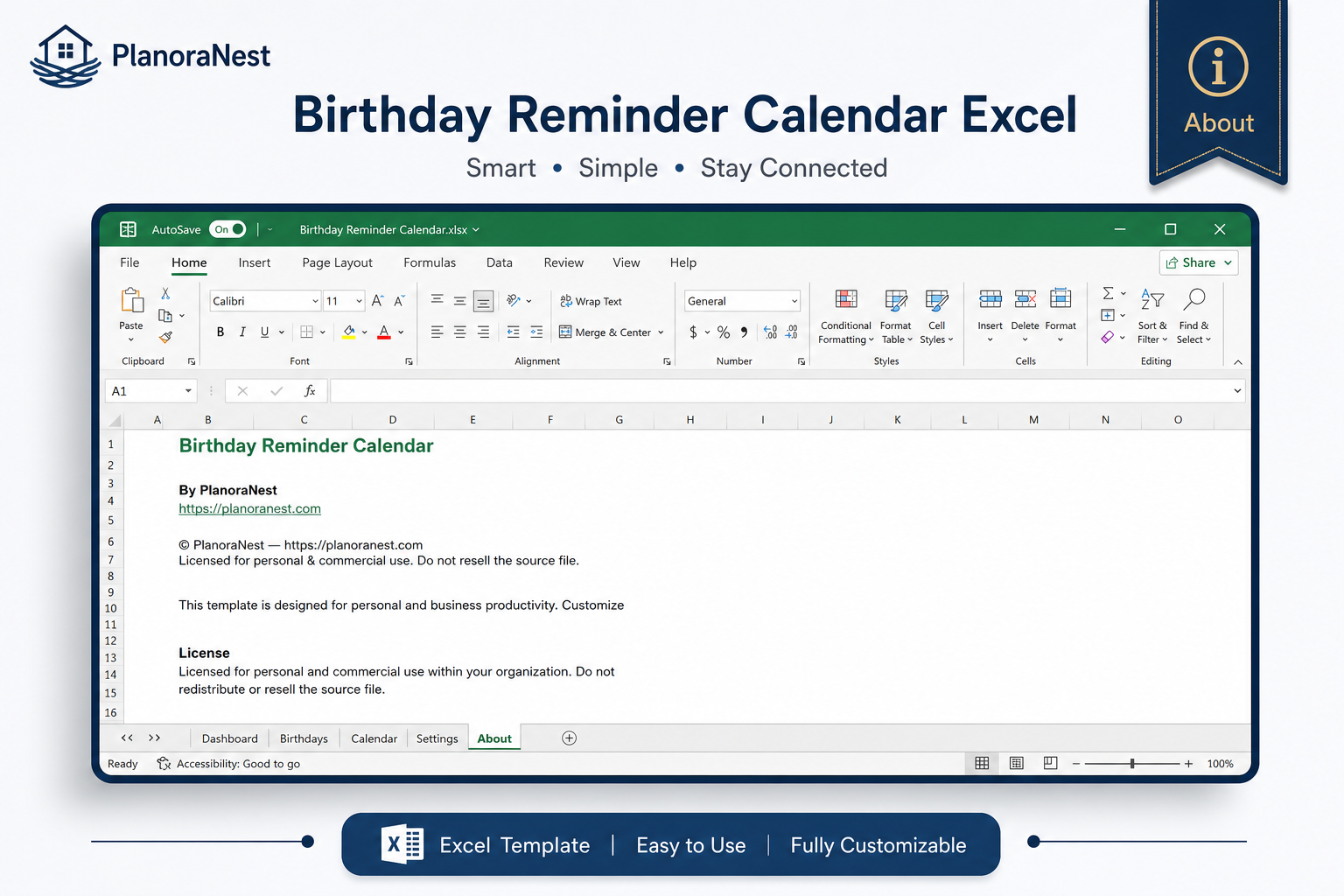 birthday reminder calendar excel screenshot — PlanoraNest Excel template