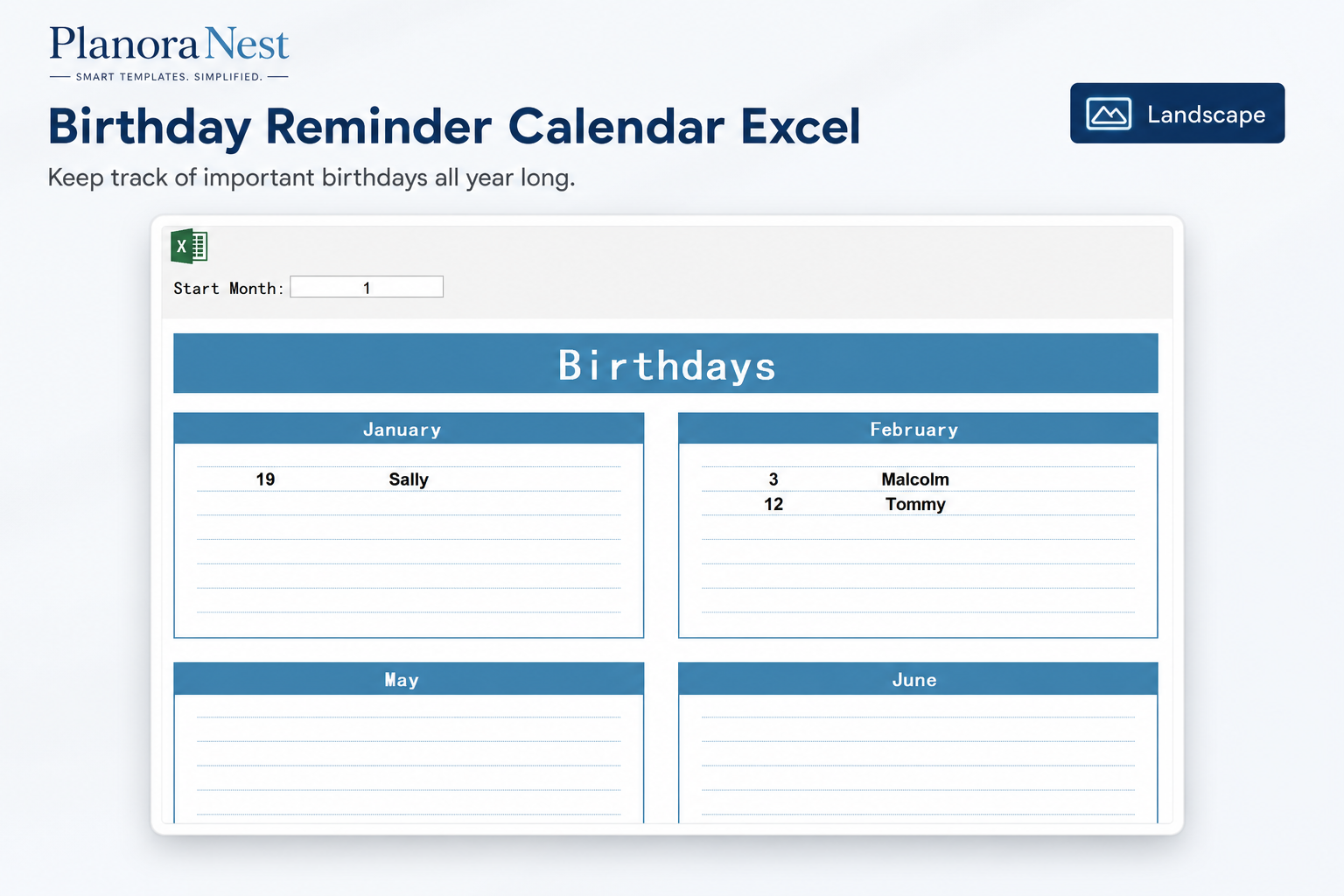 birthday reminder calendar excel screenshot — PlanoraNest Excel template