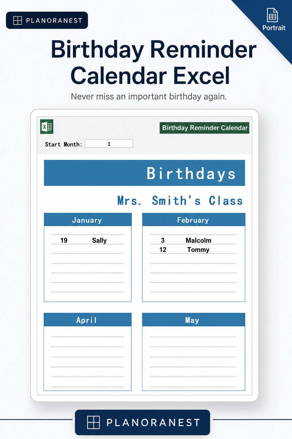 birthday reminder calendar excel screenshot — PlanoraNest Excel template