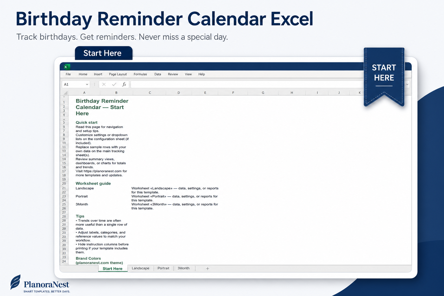 birthday reminder calendar excel start here screenshot — PlanoraNest Excel template