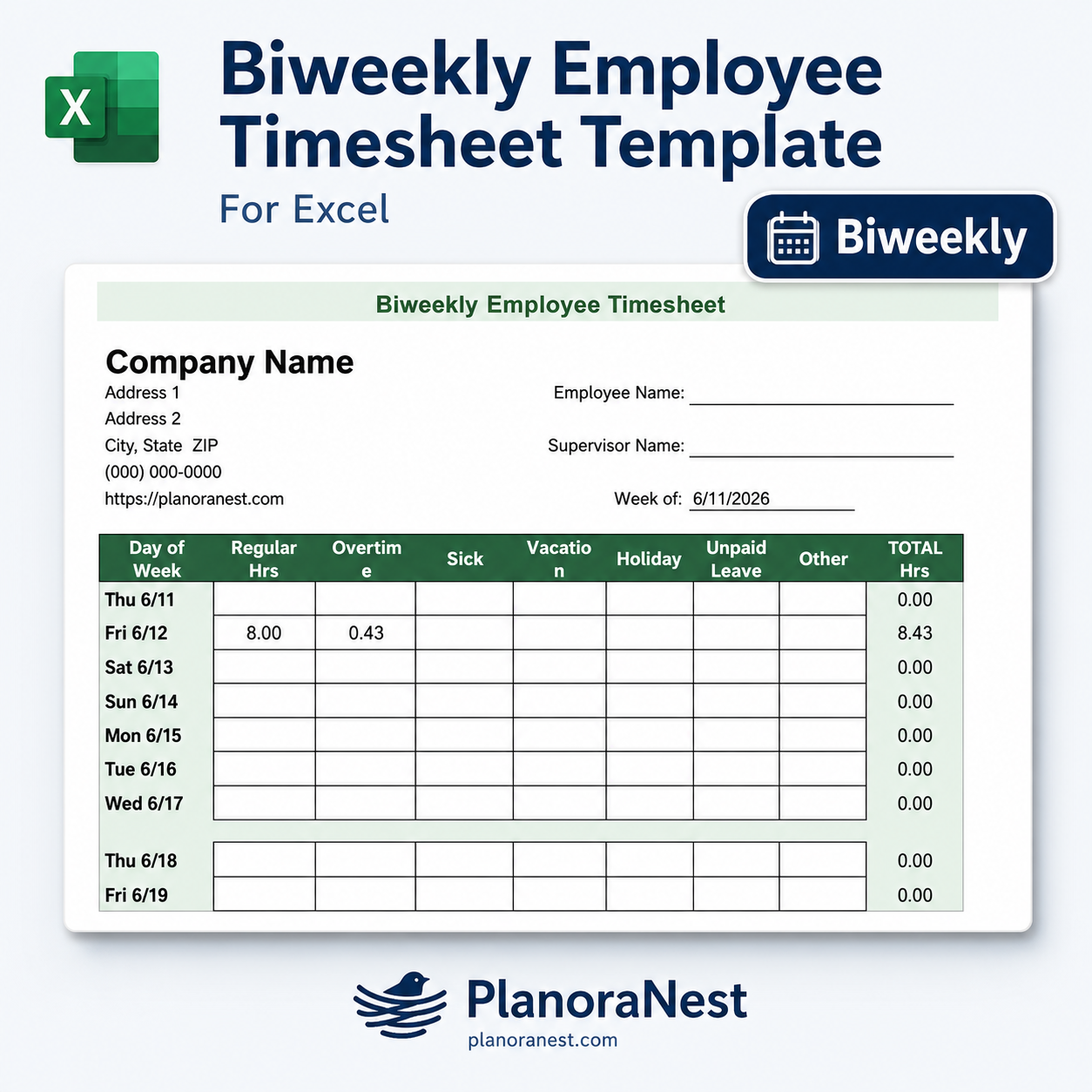 multiple employee biweekly timesheet template excel screenshot — PlanoraNest Excel template