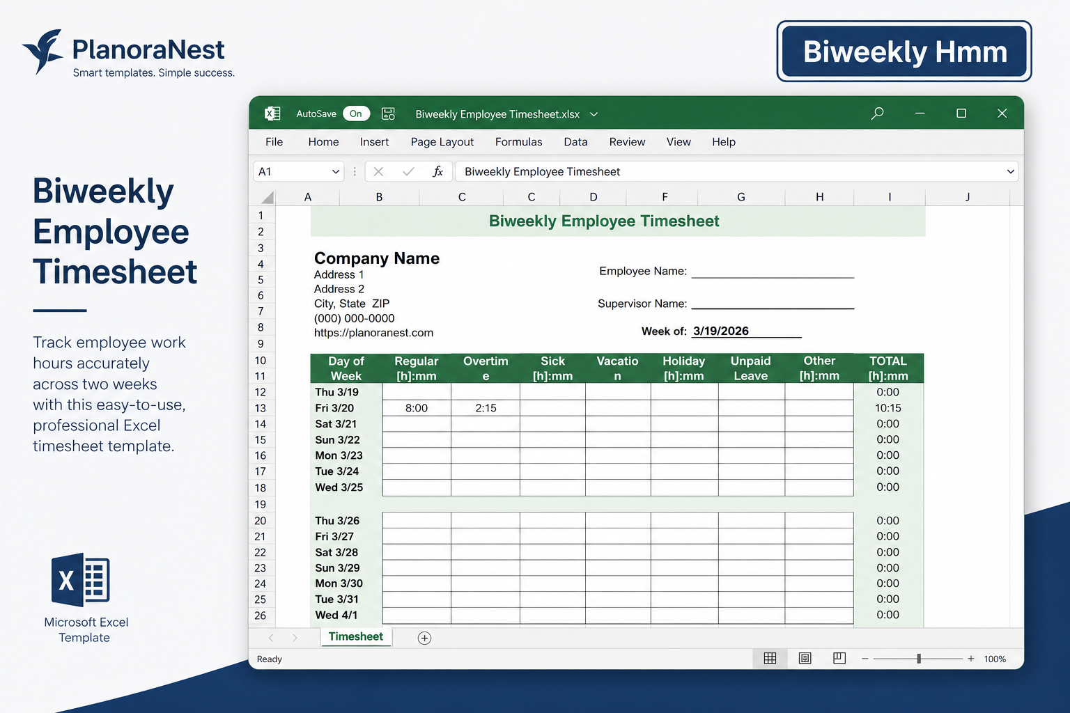 biweekly employee timesheet template for excel — Biweekly_hmm sheet