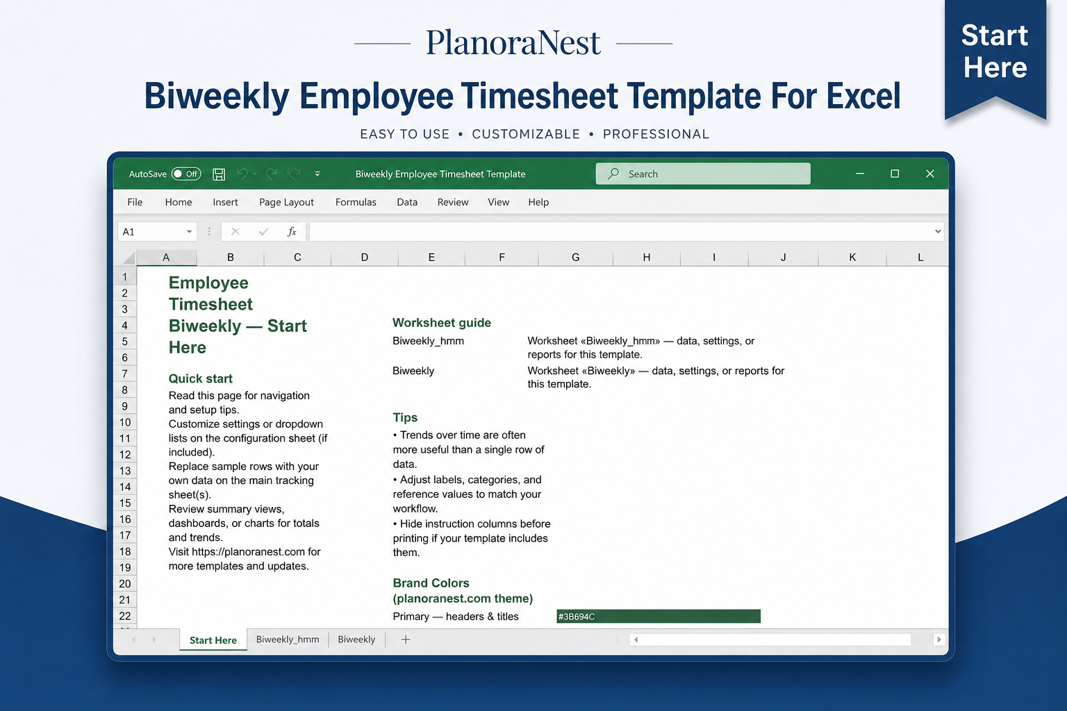 biweekly employee timesheet template for excel — Start Here sheet