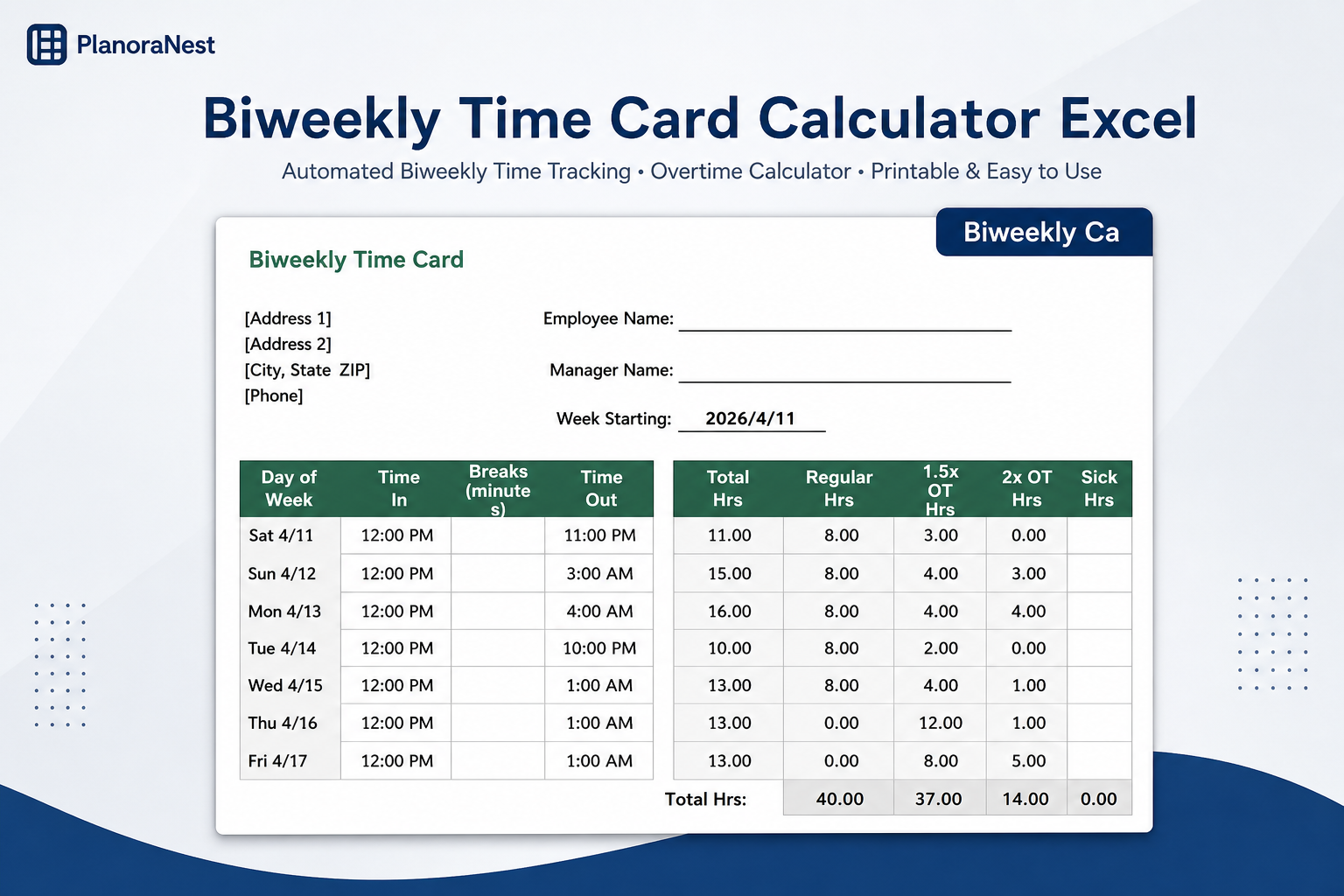 biweekly time card calculator excel — Biweekly sheet