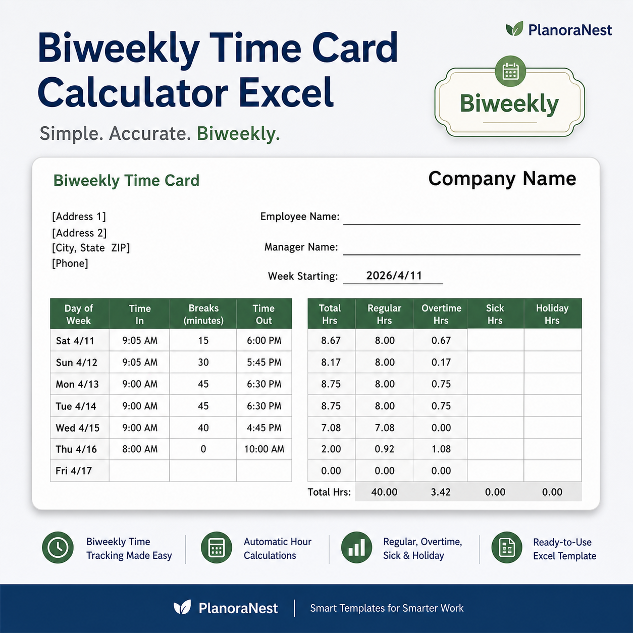 biweekly time card calculator excel screenshot — PlanoraNest Excel template