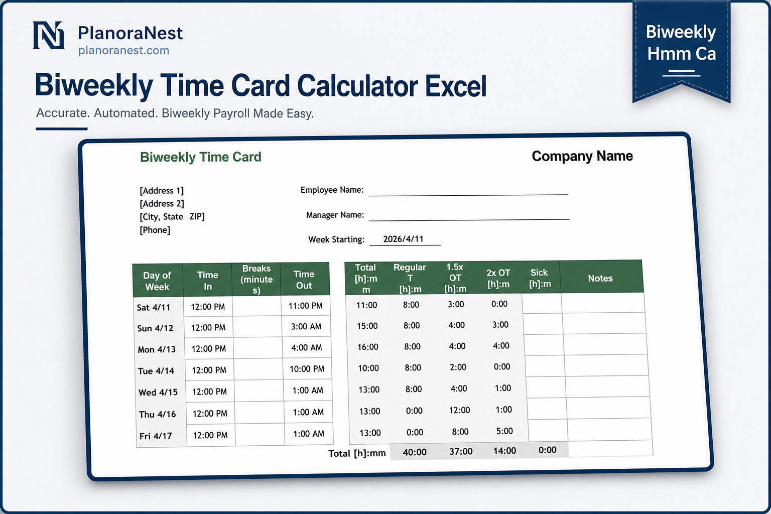 biweekly time card calculator excel — Biweekly_hmm sheet