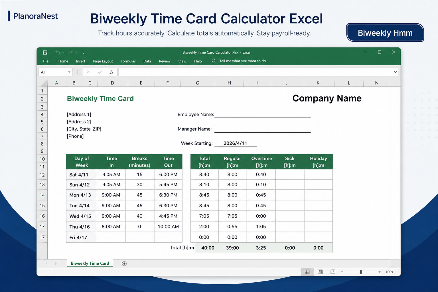 biweekly time card calculator excel screenshot — PlanoraNest Excel template
