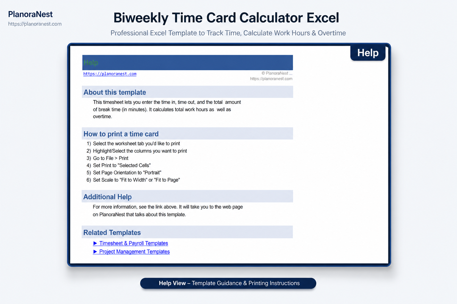 biweekly time card calculator excel — Help sheet