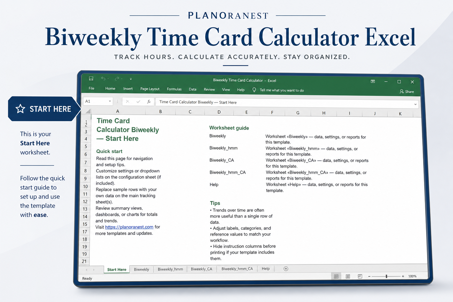 biweekly time card calculator excel — Start Here sheet