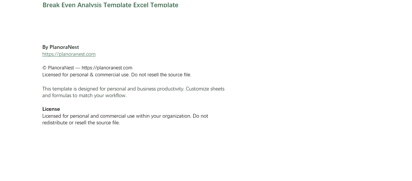 break even analysis template excel screenshot — PlanoraNest Excel template