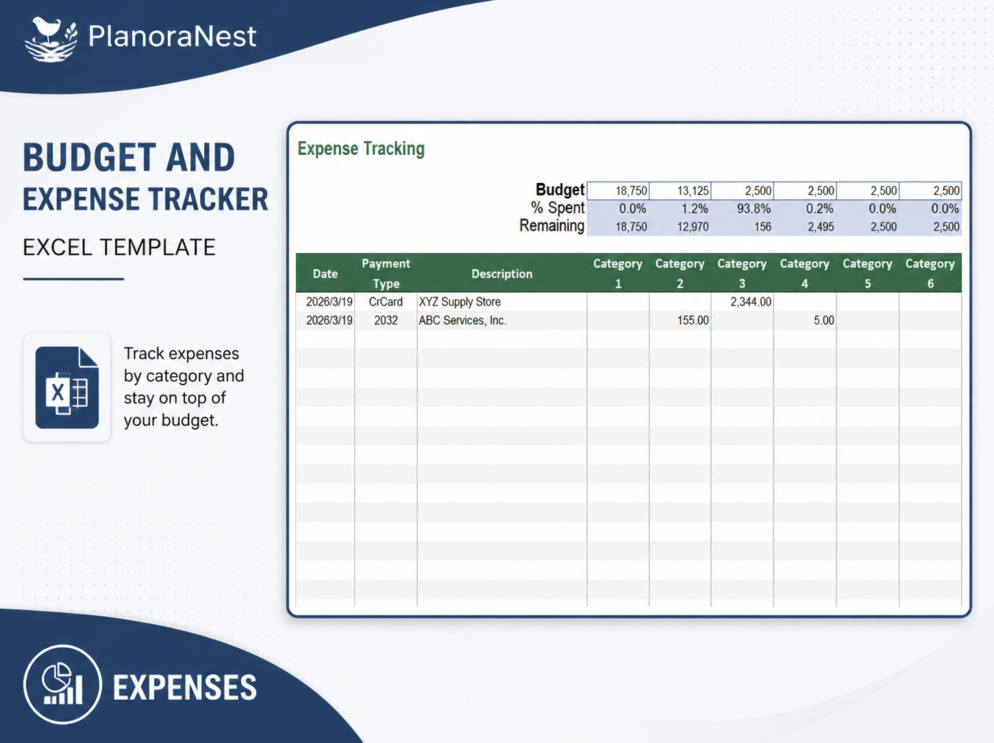 excel business expense tracker template screenshot — PlanoraNest Excel template