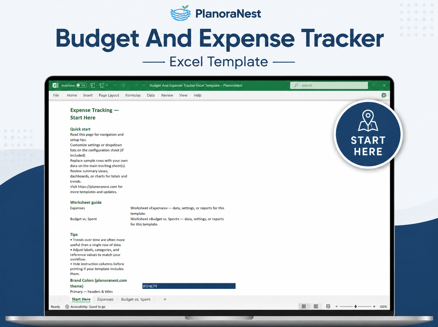 excel template business expense tracker start here screenshot — PlanoraNest Excel template