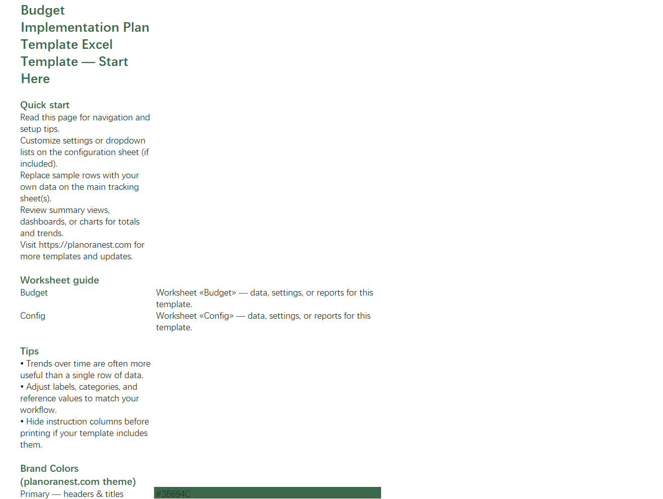 excel budget implementation plan template template start here screenshot — PlanoraNest Excel template