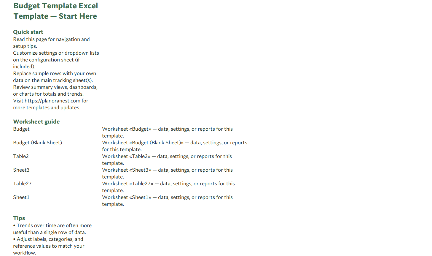 budget template excel template start here screenshot — PlanoraNest Excel template