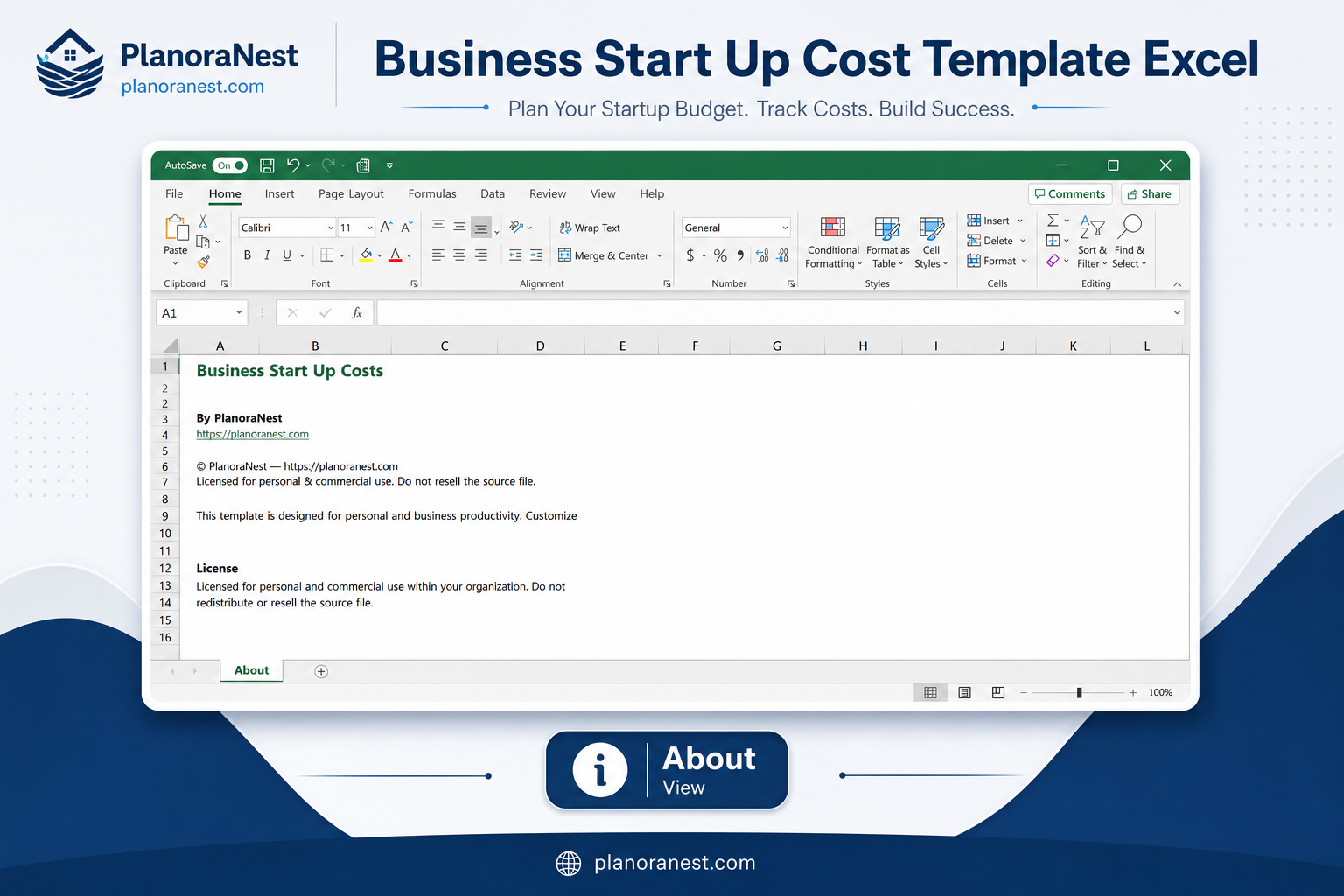 business start up cost excel template screenshot — PlanoraNest Excel template