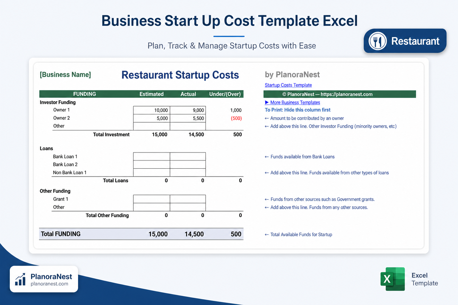 business start up costs template for excel screenshot — PlanoraNest Excel template