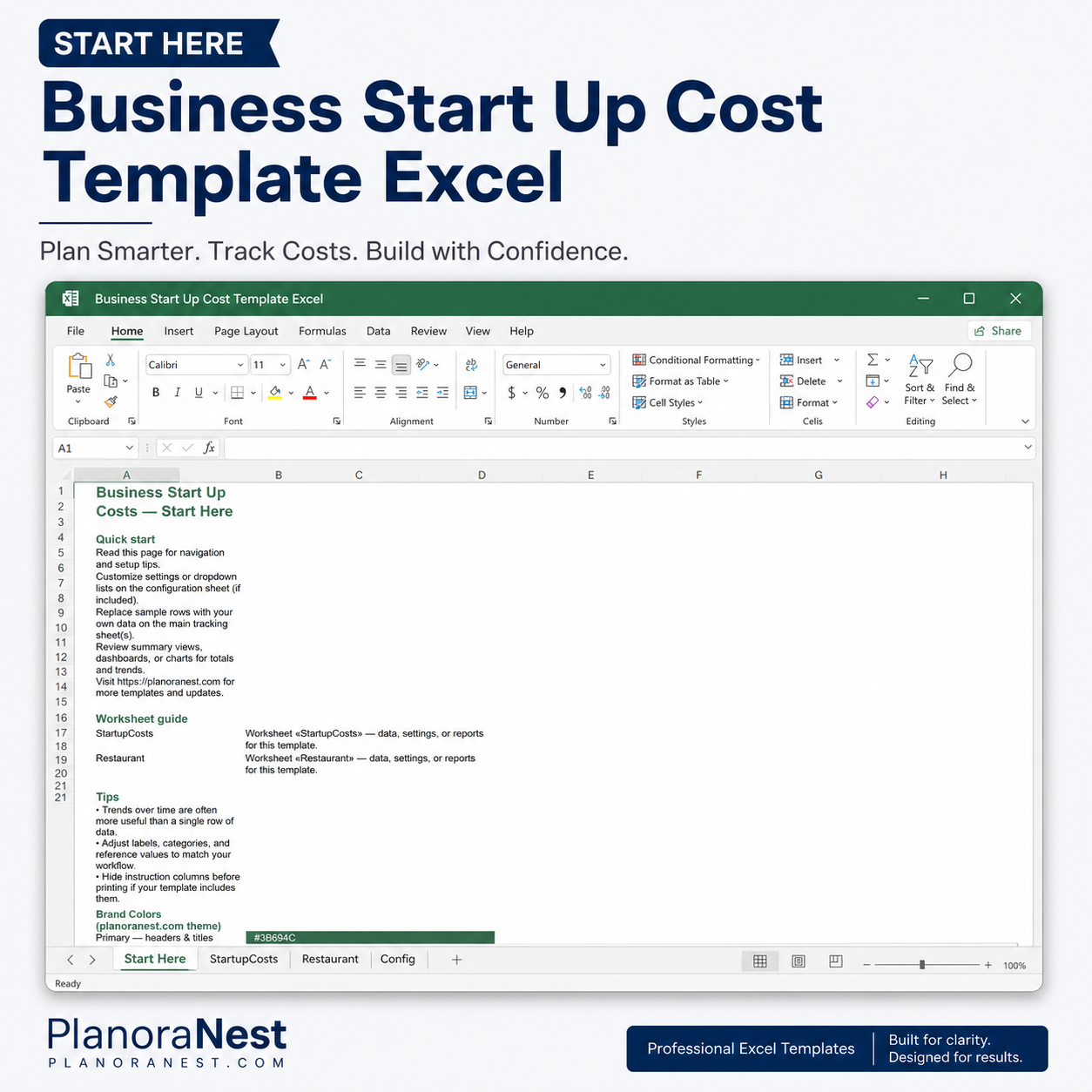excel business start up cost finance templates start here screenshot — PlanoraNest Excel template