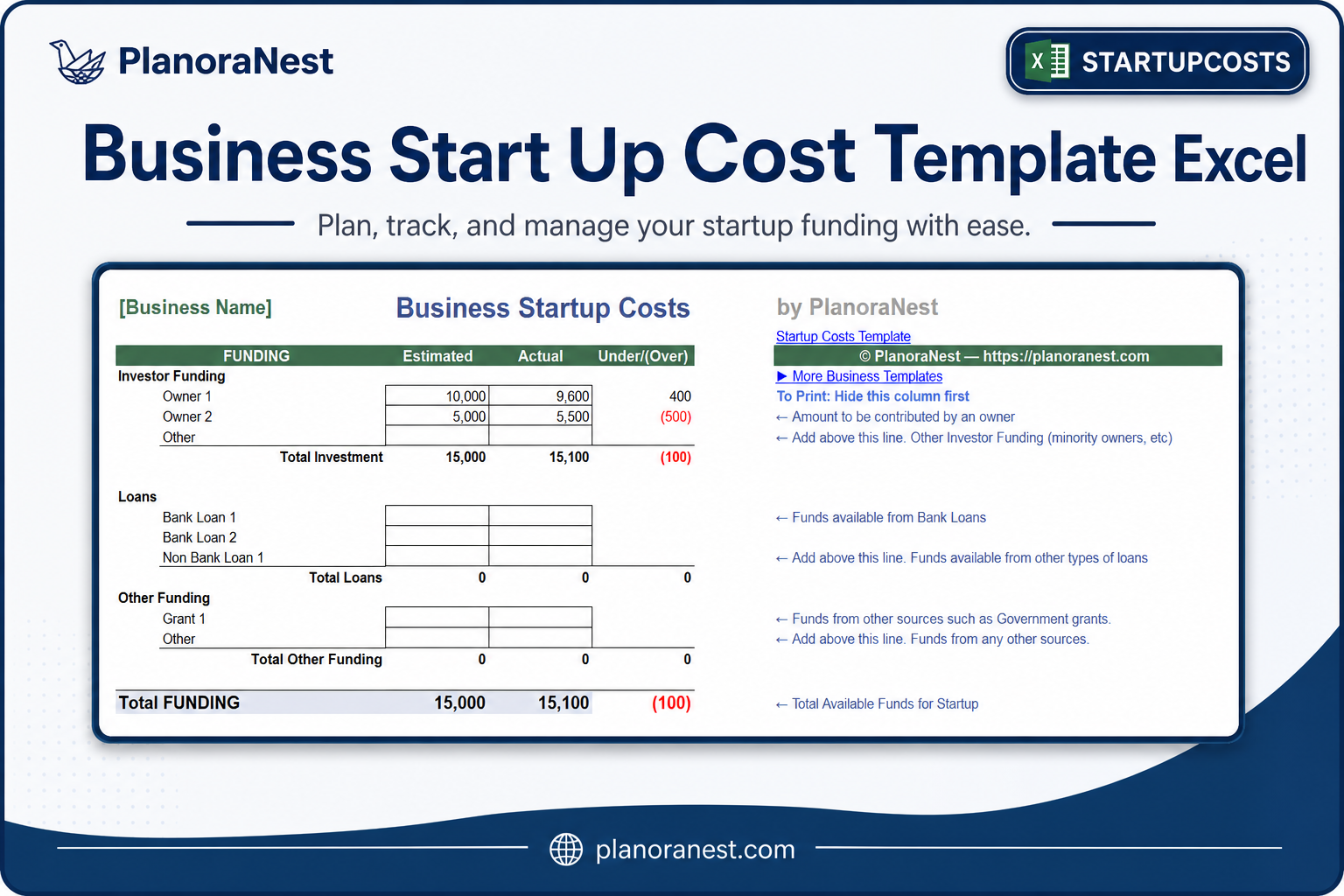 simple blank spreadsheet start up cost small business screenshot — PlanoraNest Excel template