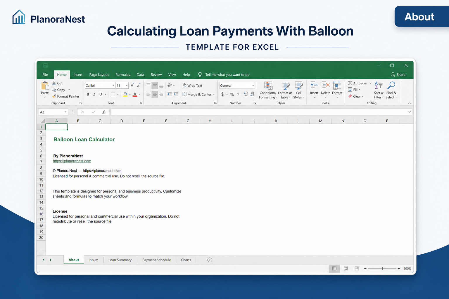 calculating loan payments with balloon template for excel — About sheet