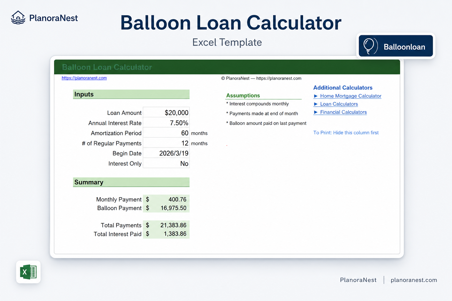 calculating loan payments with balloon template for excel — BalloonLoan sheet