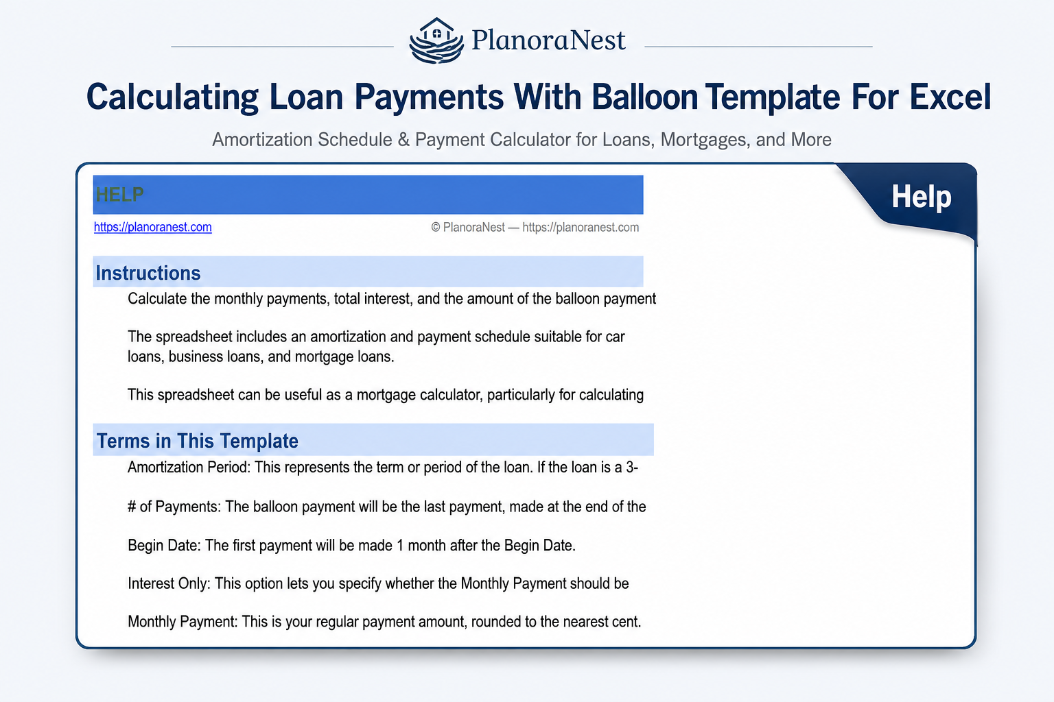 calculating loan payments with balloon template for excel — Help sheet