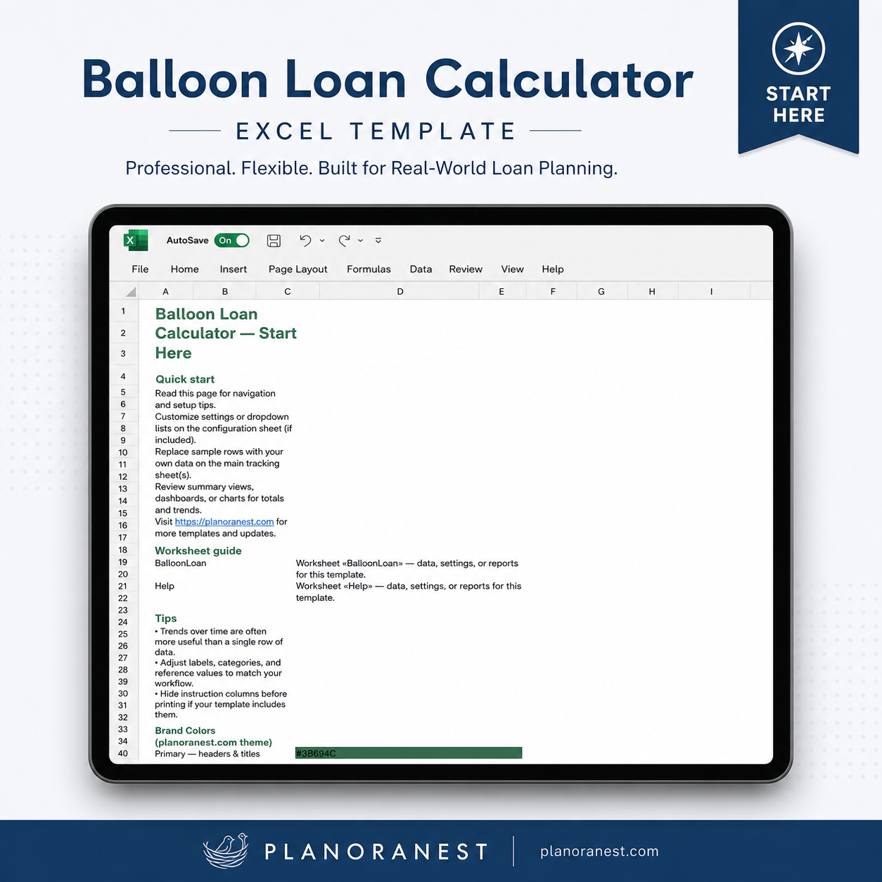 calculating loan payments with balloon template for excel — Start Here sheet