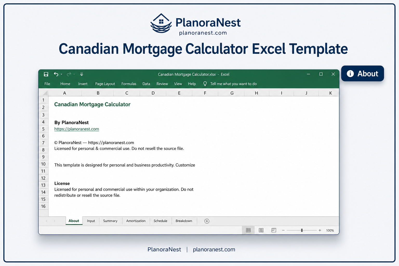 canadian mortgage calculator excel template — About sheet