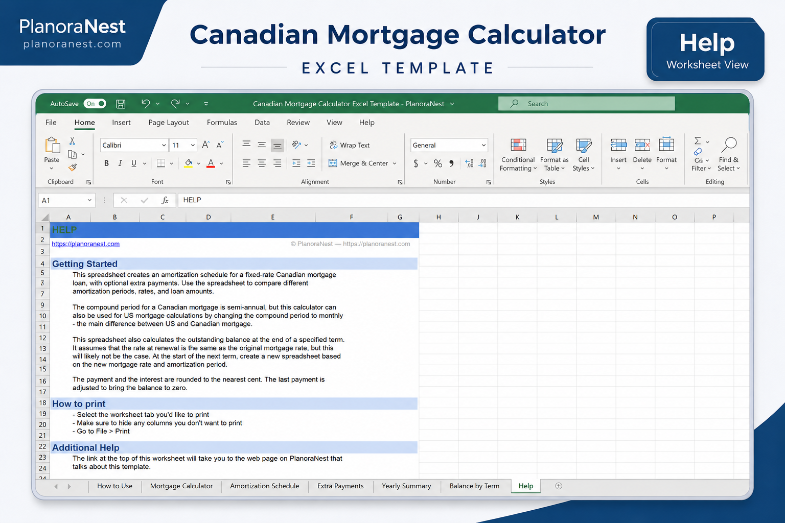 canadian mortgage calculator excel template — Help sheet
