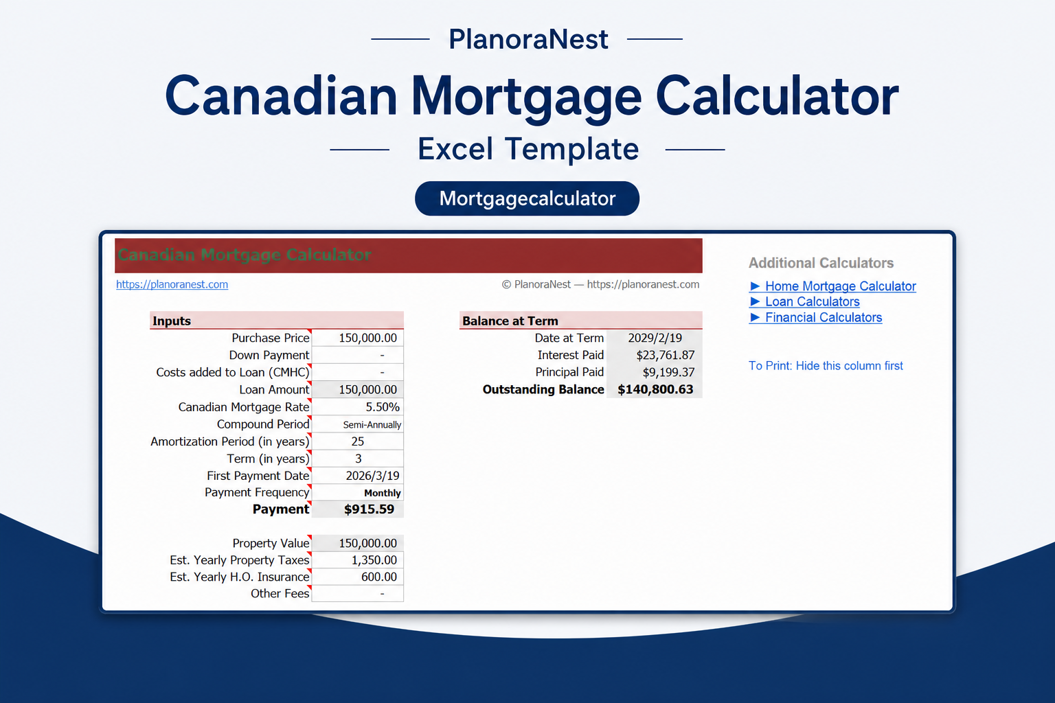 canadian mortgage calculator excel template — MortgageCalculator sheet