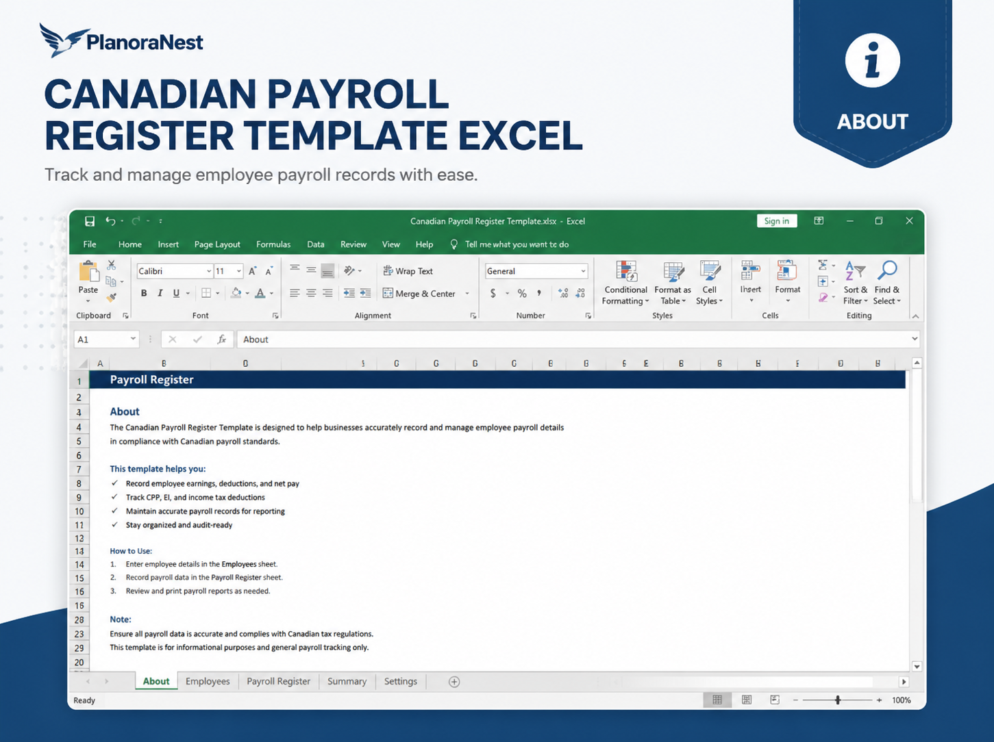 canadian payroll register template excel — Payroll Register sheet